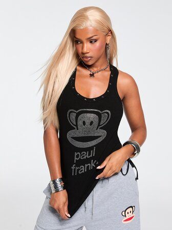 Paul Frank X ROMWE Camiseta de tirantes vintage estilo calle unisex versátil con estampado de ojo & cielo estrellado y tachuelas de pentagrama para mujer
