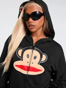 Paul Frank X ROMWE 女款卡通圖案連帽休閒日常長袖運動衫 - 彩色 - 查看 5