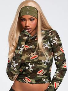 Paul Frank X ROMWE 女款迷彩卡通印花休閒日常長袖上衣 - 軍綠色 - 查看 3