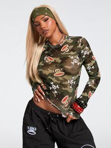 Paul Frank X ROMWE 女款迷彩卡通印花休閒日常長袖上衣 - 軍綠色 - 查看 1