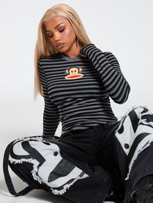 Paul Frank X ROMWE Y2K復古性感百搭條紋印花修身長袖T恤 - 黑色 - 查看 1