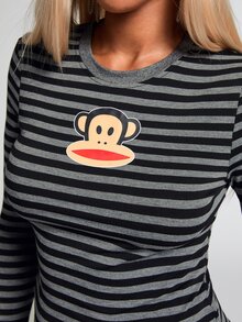 Paul Frank X ROMWE Y2K復古性感百搭條紋印花修身長袖T恤 - 黑色 - 查看 2
