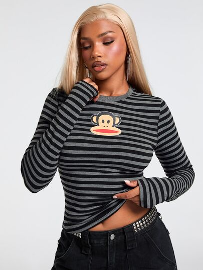 Paul Frank X ROMWE Maglietta a maniche lunghe aderente con stampa a righe, stile Y2K vintage sexy, versatile e facile da abbinare