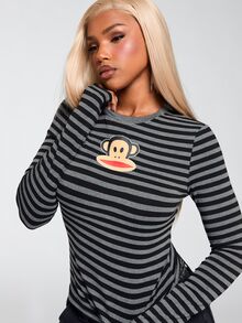 Paul Frank X ROMWE Y2K復古性感百搭條紋印花修身長袖T恤 - 黑色 - 查看 6
