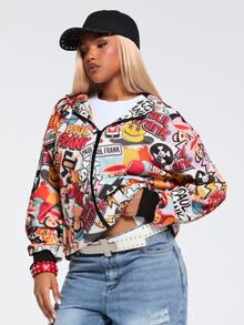 Paul Frank X ROMWE Sweatshirt Longgar Bergaya Jalanan dengan Motif Grafiti dan Bukaan Depan - MultiWarna - View 4