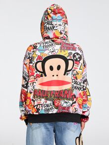 Paul Frank X ROMWE Sweatshirt Longgar Bergaya Jalanan dengan Motif Grafiti dan Bukaan Depan - MultiWarna - View 9