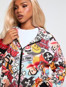 Paul Frank X ROMWE Sweatshirt Longgar Bergaya Jalanan dengan Motif Grafiti dan Bukaan Depan - MultiWarna - View 7