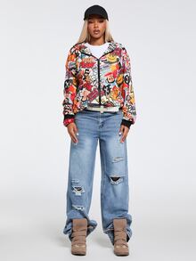 Paul Frank X ROMWE Sweatshirt Longgar Bergaya Jalanan dengan Motif Grafiti dan Bukaan Depan - MultiWarna - View 3
