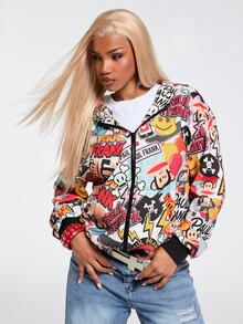 Paul Frank X ROMWE Sweatshirt Longgar Bergaya Jalanan dengan Motif Grafiti dan Bukaan Depan - MultiWarna - View 6