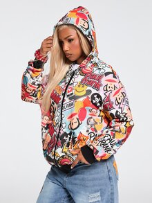 Paul Frank X ROMWE Sweatshirt Longgar Bergaya Jalanan dengan Motif Grafiti dan Bukaan Depan - MultiWarna - View 8