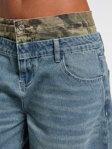 Paul Frank X ROMWE Celana Jeans Lurus Model Kancing Motif Kamuflase Patchwork Pinggang Ganda Gaya Punk Y2K - Biru - View 8