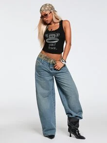 Paul Frank X ROMWE Celana Jeans Lurus Model Kancing Motif Kamuflase Patchwork Pinggang Ganda Gaya Punk Y2K - Biru - View 4