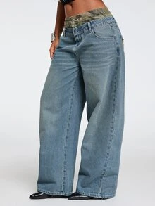 Paul Frank X ROMWE Celana Jeans Lurus Model Kancing Motif Kamuflase Patchwork Pinggang Ganda Gaya Punk Y2K - Biru - View 6