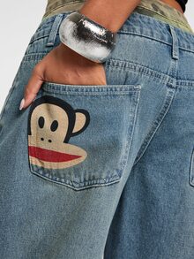 Paul Frank X ROMWE Celana Jeans Lurus Model Kancing Motif Kamuflase Patchwork Pinggang Ganda Gaya Punk Y2K - Biru - View 2