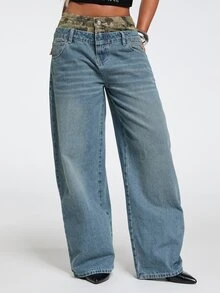 Paul Frank X ROMWE Celana Jeans Lurus Model Kancing Motif Kamuflase Patchwork Pinggang Ganda Gaya Punk Y2K - Biru - View 5