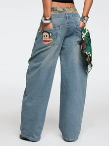 Paul Frank X ROMWE Celana Jeans Lurus Model Kancing Motif Kamuflase Patchwork Pinggang Ganda Gaya Punk Y2K - Biru - View 1