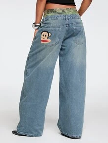 Paul Frank X ROMWE Celana Jeans Lurus Model Kancing Motif Kamuflase Patchwork Pinggang Ganda Gaya Punk Y2K - Biru - View 9