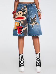 Paul Frank X ROMWE Collaboration Hot Girl Street Punk Patchwork Camouflage Embroidered Loose Denim Mid-Length Pants - Blue - View 5