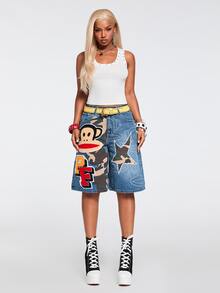 Paul Frank X ROMWE Collaboration Hot Girl Street Punk Patchwork Camouflage Embroidered Loose Denim Mid-Length Pants - Blue - View 3