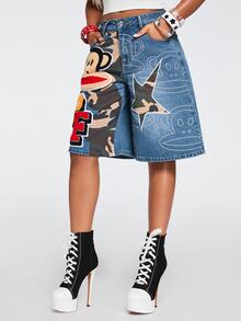 Paul Frank X ROMWE Collaboration Hot Girl Street Punk Patchwork Camouflage Embroidered Loose Denim Mid-Length Pants - Blue - View 6