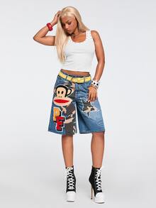 Paul Frank X ROMWE Collaboration Hot Girl Street Punk Patchwork Camouflage Embroidered Loose Denim Mid-Length Pants - Blue - View 4