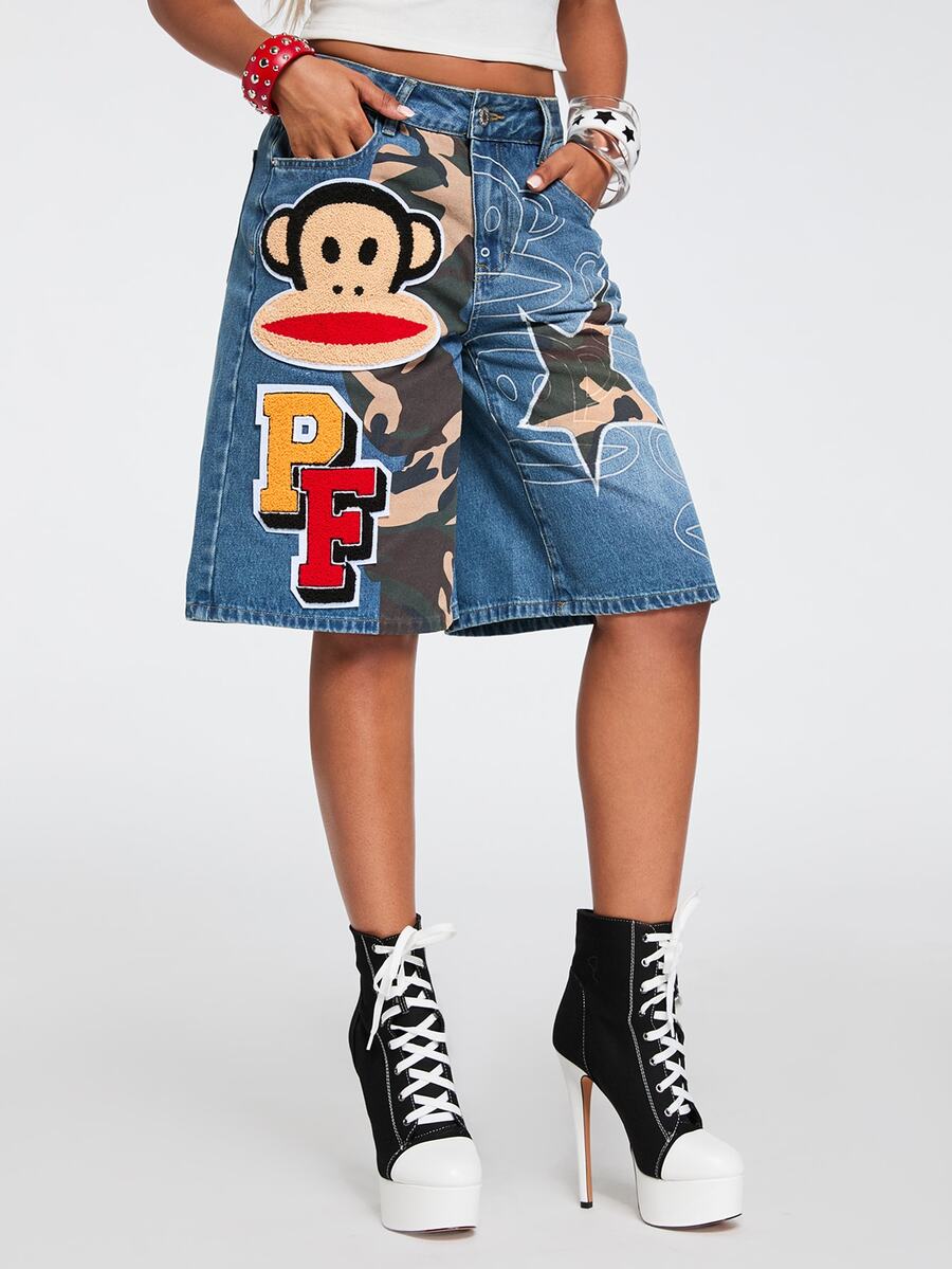 Paul Frank X ROMWE Collaboration Hot Girl Street Punk Patchwork Camouflage Embroidered Loose Denim Mid-Length Pants - Blue - View 1