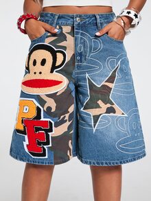 Paul Frank X ROMWE Collaboration Hot Girl Street Punk Patchwork Camouflage Embroidered Loose Denim Mid-Length Pants - Blue - View 8
