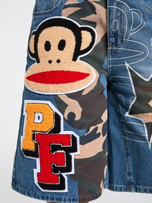 Paul Frank X ROMWE Collaboration Hot Girl Street Punk Patchwork Camouflage Embroidered Loose Denim Mid-Length Pants - Blue - View 2