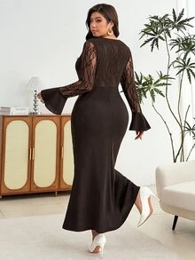 Modelyn Elegant Solid Color Lace Patchwork Ruched Pearl Decor Round Neck Long Sleeve Fitted Mermaid Regular Spring Autumn Plus Size Dress - Chocolate Brown - View 2