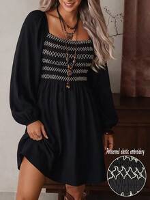 LanaWest Gaun Longgar Musim Gugur/Baru, Bagian Dada Elastis, Bagian Bawah Mengembang dari Garis Dada, Hem Model A-Line, Ruffle Gaya Boho Vintage, Nuansa Hitam Putih, Gaya Karnaval - Hitam dan Putih - View 7