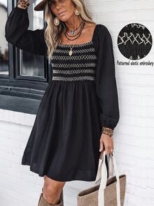 LanaWest Gaun Longgar Musim Gugur/Baru, Bagian Dada Elastis, Bagian Bawah Mengembang dari Garis Dada, Hem Model A-Line, Ruffle Gaya Boho Vintage, Nuansa Hitam Putih, Gaya Karnaval - Hitam dan Putih - View 1