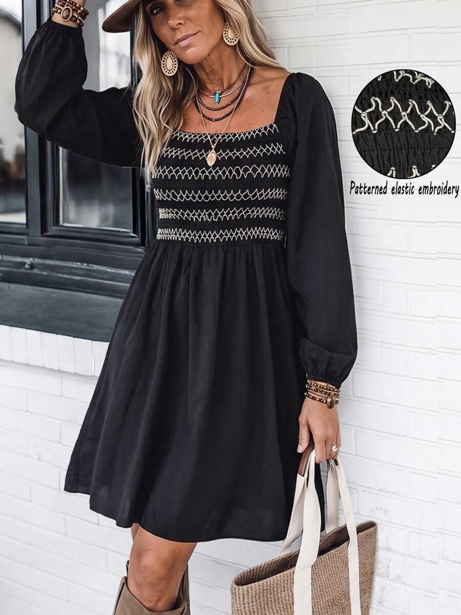 LanaWest Gaun Longgar Musim Gugur/Baru, Bagian Dada Elastis, Bagian Bawah Mengembang dari Garis Dada, Hem Model A-Line, Ruffle Gaya Boho Vintage, Nuansa Hitam Putih, Gaya Karnaval - Hitam dan Putih - View 1