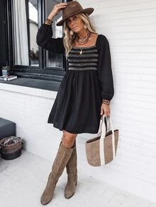 LanaWest Gaun Longgar Musim Gugur/Baru, Bagian Dada Elastis, Bagian Bawah Mengembang dari Garis Dada, Hem Model A-Line, Ruffle Gaya Boho Vintage, Nuansa Hitam Putih, Gaya Karnaval - Hitam dan Putih - View 3