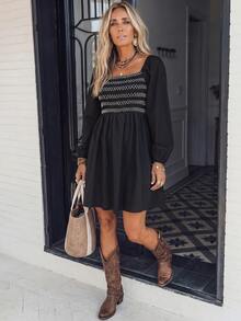 LanaWest Gaun Longgar Musim Gugur/Baru, Bagian Dada Elastis, Bagian Bawah Mengembang dari Garis Dada, Hem Model A-Line, Ruffle Gaya Boho Vintage, Nuansa Hitam Putih, Gaya Karnaval - Hitam dan Putih - View 5