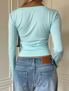 SHEIN EZwear 薄荷綠針織女款V領長袖T恤 - 薄荷綠 - 查看 3