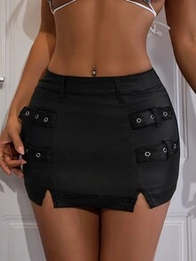 SHEIN Women Simple Solid Color Casual Mid-Length Skirt, Suitable For Summer - Black - View 4