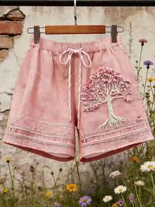 SHEIN Holidaya Women's Drawstring Waist Tree Pattern Casual Versatile Daily Wear Shorts - Multicolor - View 5