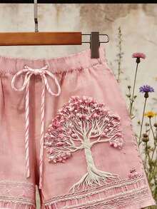 SHEIN Holidaya Women's Drawstring Waist Tree Pattern Casual Versatile Daily Wear Shorts - Multicolor - View 3