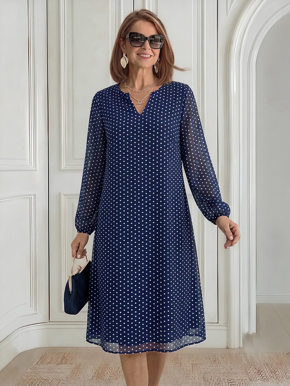 Elegant Vintage, Polka Dot Print, Midi Dress Mother's Clothes, Chiffon Navy Blue, V-Neck Long Sleeve, Work Office Business, Party Formal, Fall Winter