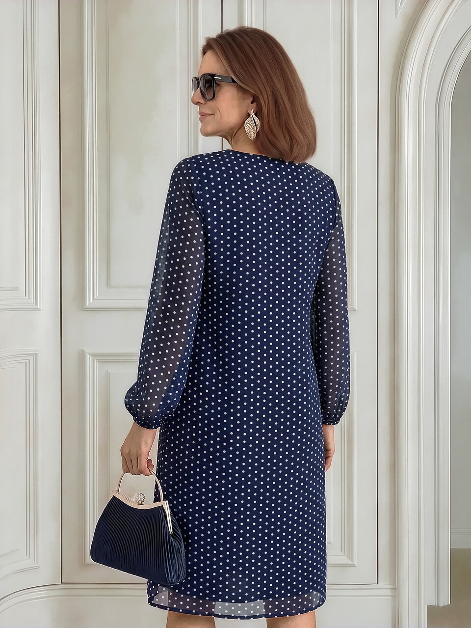Elegant Vintage, Polka Dot Print, Midi Dress Mother's Clothes, Chiffon Navy Blue, V-Neck Long Sleeve, Work Office Business, Party Formal, Fall Winter