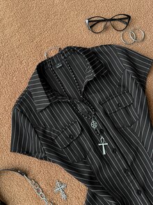 Attitoon Women's Striped Casual Versatile Everyday Travel Shirt - Black - View 8