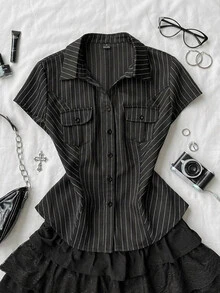 Attitoon Women's Striped Casual Versatile Everyday Travel Shirt - Black - View 3