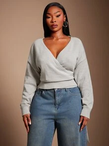 SHEIN SXY 淺灰色V領重疊綁帶長袖短版針織衫 冬季 - 淺灰色 - 查看 3