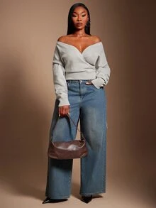 SHEIN SXY 淺灰色V領重疊綁帶長袖短版針織衫 冬季 - 淺灰色 - 查看 7