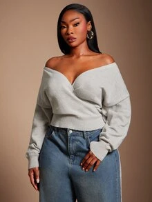 SHEIN SXY 淺灰色V領重疊綁帶長袖短版針織衫 冬季 - 淺灰色 - 查看 5