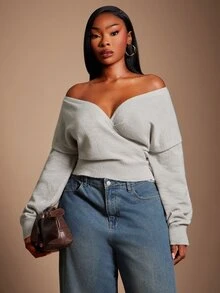 SHEIN SXY 淺灰色V領重疊綁帶長袖短版針織衫 冬季 - 淺灰色 - 查看 6