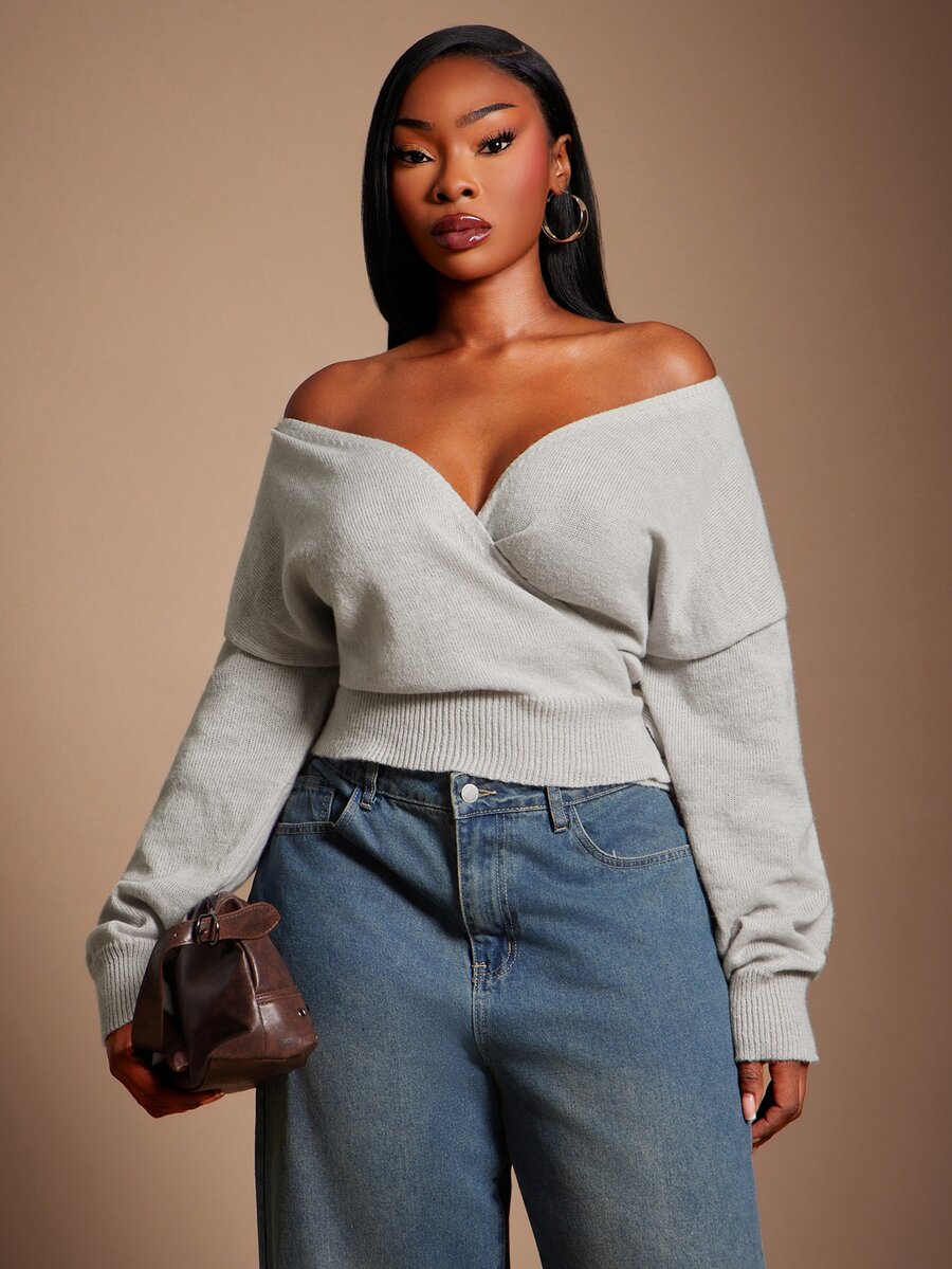 SHEIN SXY Áo len croptop tay dài cổ chữ V vắt chéo thắt nơ màu xám nhạt cho mùa đông - Màu Xám nhạt - Xem 1