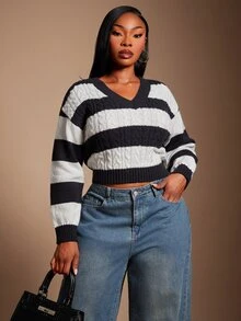 SHEIN SXY 黑白配色V領短版修身長袖針織衫 冬季 - 黑與白 - 查看 6