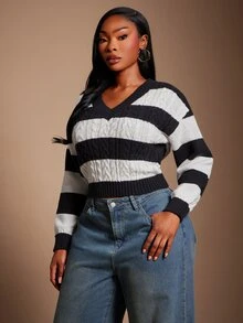 SHEIN SXY 黑白配色V領短版修身長袖針織衫 冬季 - 黑與白 - 查看 5