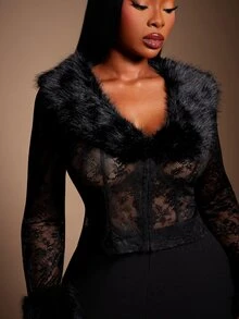 SHEIN SXY Black Sheer Lace Patchwork Fur Short Long Sleeve Jacket - Black - View 7